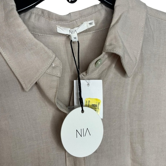 NWT NIA Beige Neutral Oversized Linen Blend Button Down Long Sleeve Top Size Med - Picture 2 of 10